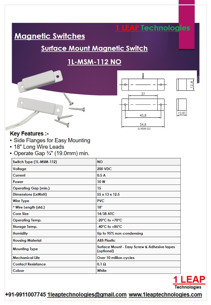 1L-MSM-112 NO Magnetic Reed Switch Datasheet